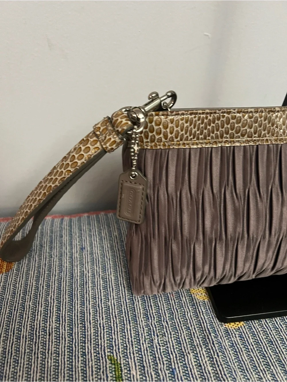 Coach Taupe Pleated Wristlet with Tan and Python Accent